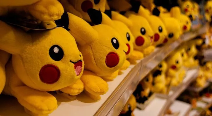 Shelves full of Pikachu pokémon toys