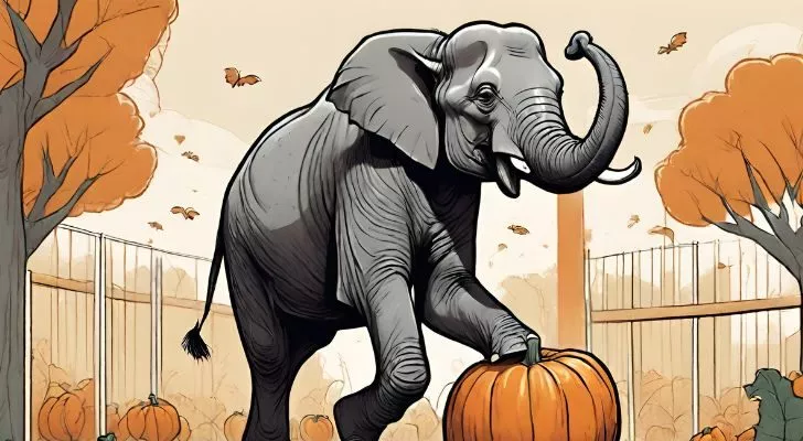 Elephant smashing a pumpkin