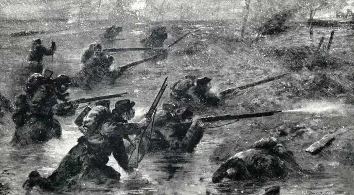 A group of soldiers in trenches without helmets fight in the snow