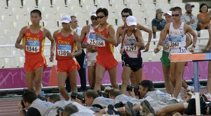 Athletes from different countries competing in race walking at the Olympics