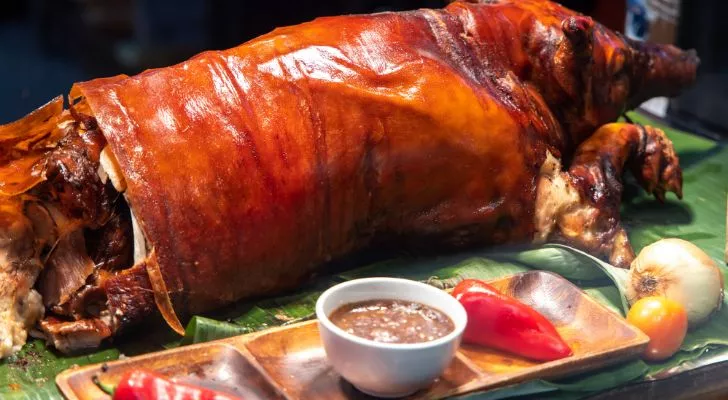 A roasted and stuffed pig ready to be eaten