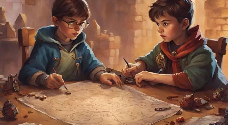 Two children playing a game of Dungeons & Dragons together