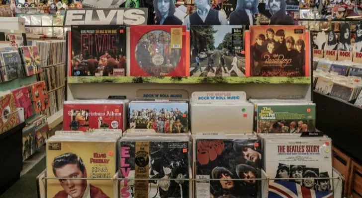 A collection of vinyl records in a record shop