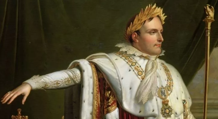 Napoleon wearing his Emperor's regalia, including golden coronation wreath
