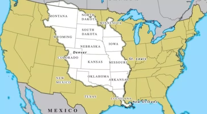 A map of North America, highlighting the land gained by the US under the Louisiana Purchase