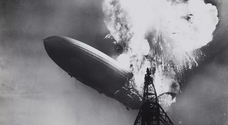 The Hindenburg airship engulfed in a fireball as it burns up