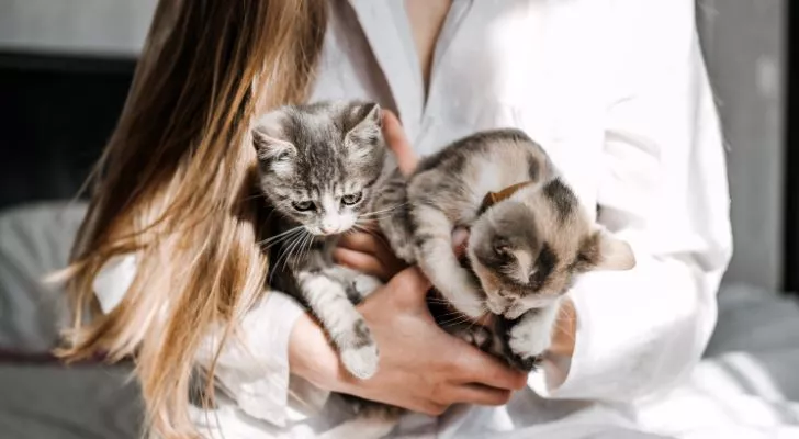 A woman cradling two small kittens