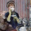 Two women in 19th-century attire sitting on a sofa, one drinking tea, with a silver tea set on a table