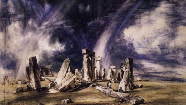 Painting of Stonehenge under dramatic sky, capturing the ancient stone circle