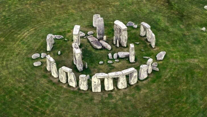 Aerial view of Stonehenge, the prehistoric stone circle, on a green landscape
