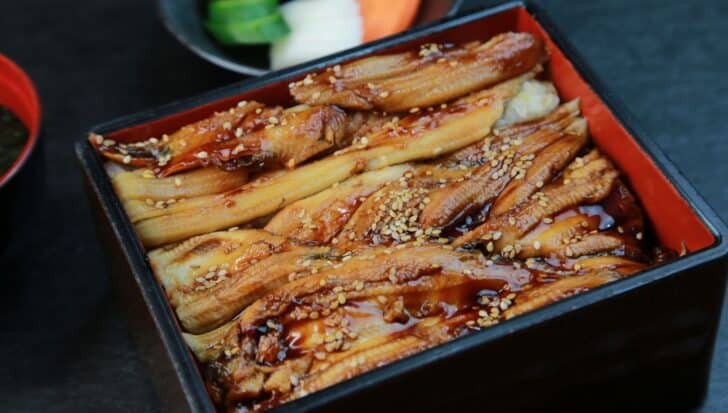 A box filled with glazed eel slices garnished with sesame seeds, showcasing eel consumption in Japan