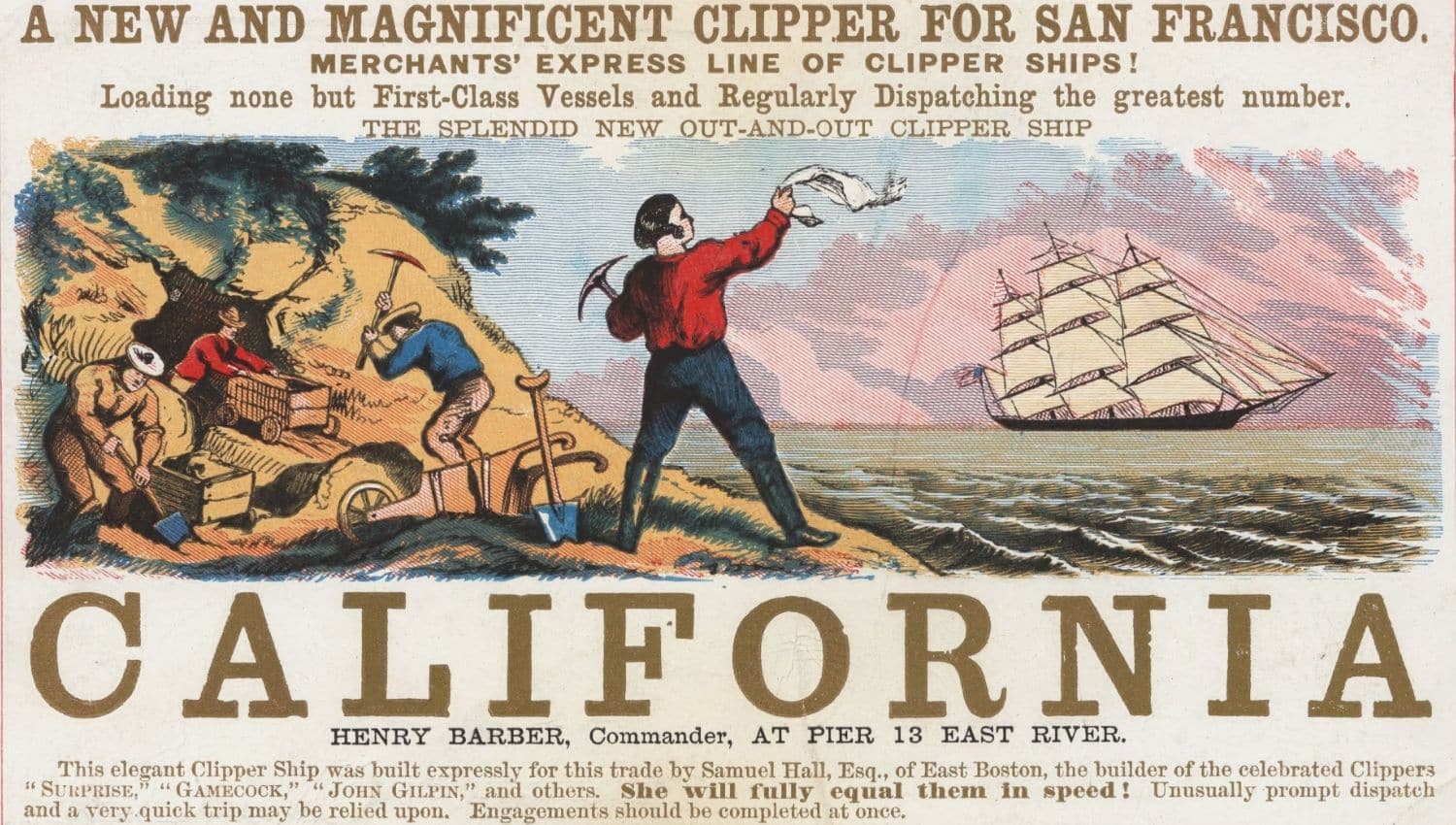 Illustration of men mining and loading carts, a clipper ship sailing toward San Francisco, associated with the Gold Rush