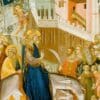 A scene depicting Jesus riding a donkey, surrounded by a crowd with children and adults, holding palm branches, illustrating Palm Sunday