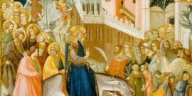 A scene depicting Jesus riding a donkey, surrounded by a crowd with children and adults, holding palm branches, illustrating Palm Sunday