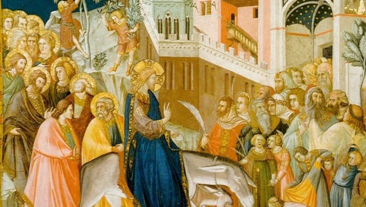 A scene depicting Jesus riding a donkey, surrounded by a crowd with children and adults, holding palm branches, illustrating Palm Sunday