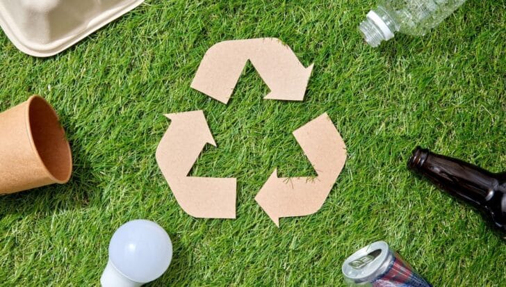 Recycling symbol made of cardboard surrounded by a paper cup, plastic bottle, glass bottle, light bulb, and aluminum can on grass