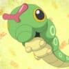 Caterpie, a green caterpillar-like Pokémon with large yellow eyes and circular markings, is shown in a dynamic pose against a light green and orange textured background.