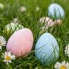Colorful Easter eggs with polka dots nestled in grass among daisies