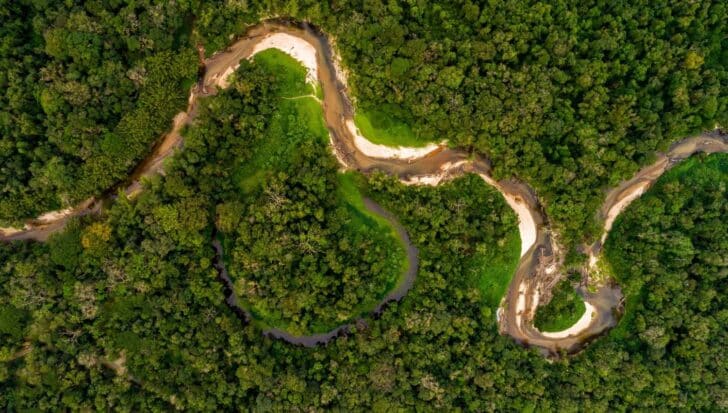 Aerial view of a winding river surrounded by dense green forest, representing the Amazon River starting in Peru