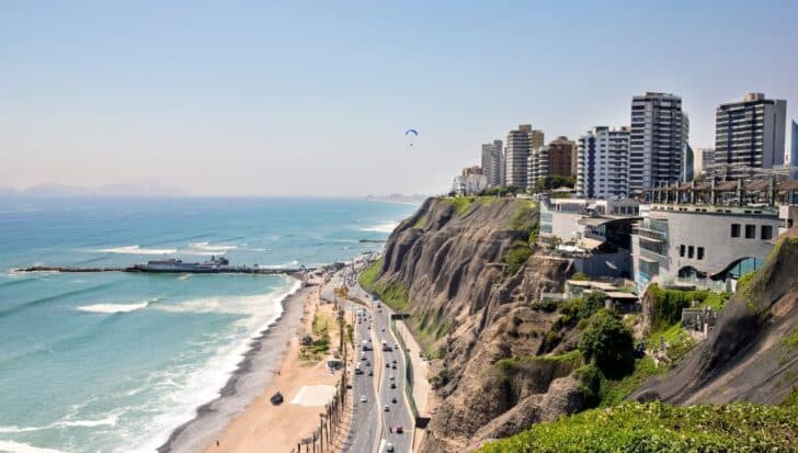 Coastal skyline of Lima, Peru with modern buildings, cliffs, and the ocean
