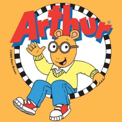 Arthur, the cartoon aardvark, waves while sitting in a black and white circle with the show's title above him