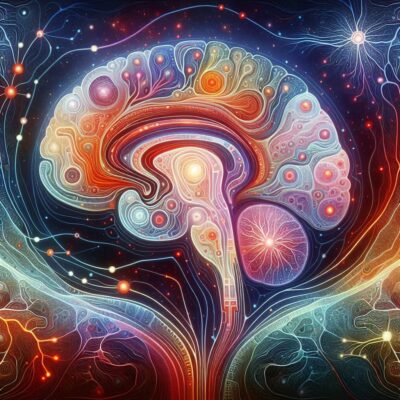 A colorful, abstract illustration of a brain highlighting neural pathways and activity