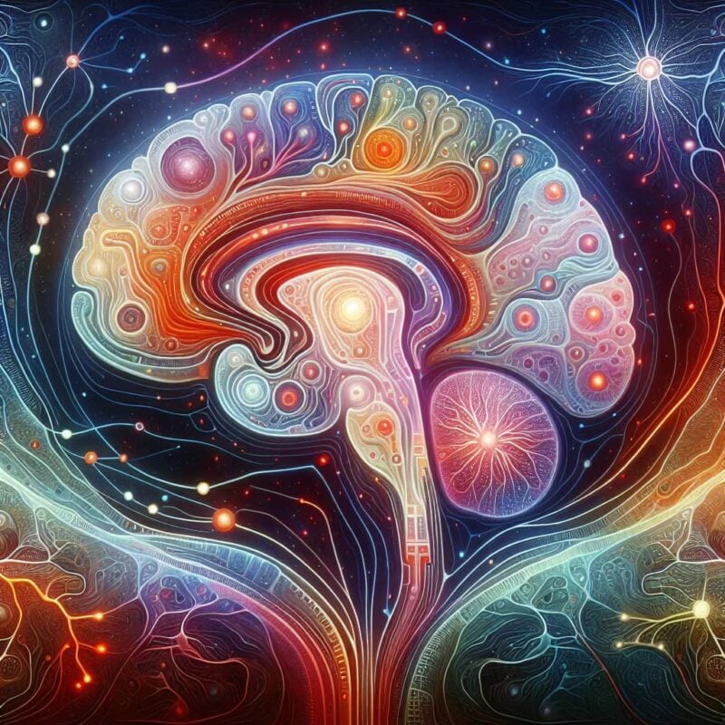 A colorful, abstract illustration of a brain highlighting neural pathways and activity