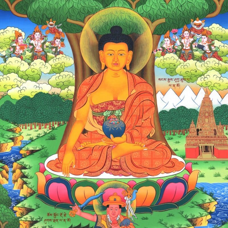 Brightly colored depiction of the Buddha meditating under a tree, surrounded by nature and deities