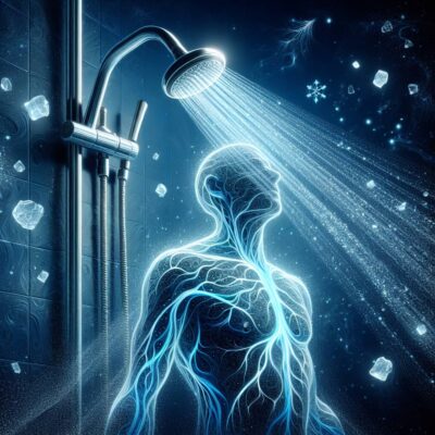 A person standing under a cold shower, with a visualization of enhanced circulation and ice cubes floating around