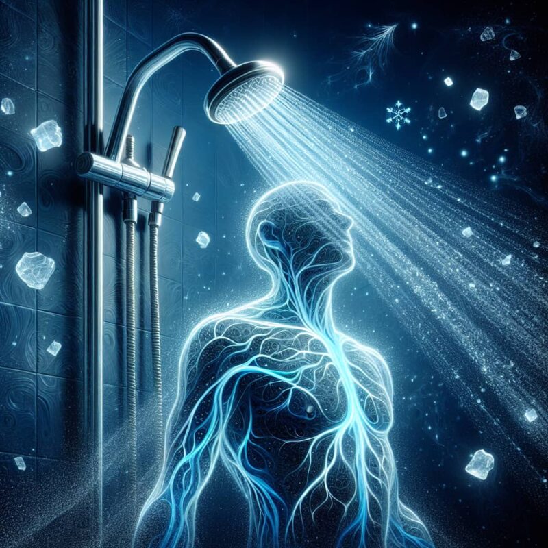 A person standing under a cold shower, with a visualization of enhanced circulation and ice cubes floating around