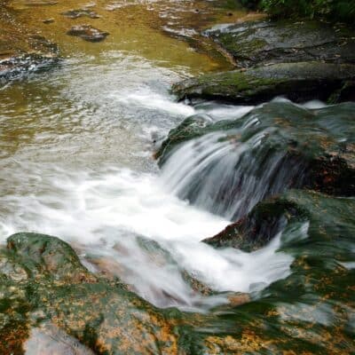Stream with rocks creating flowing water and small vortices
