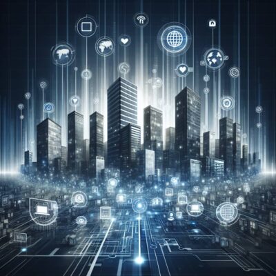 Futuristic cityscape with digital icons representing global internet usage and data flow