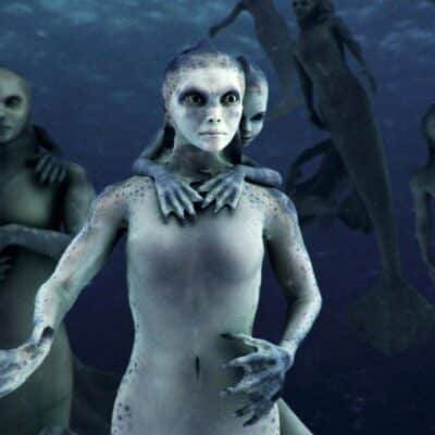 Depiction of mermaid-like creatures underwater with humanoid features and scales