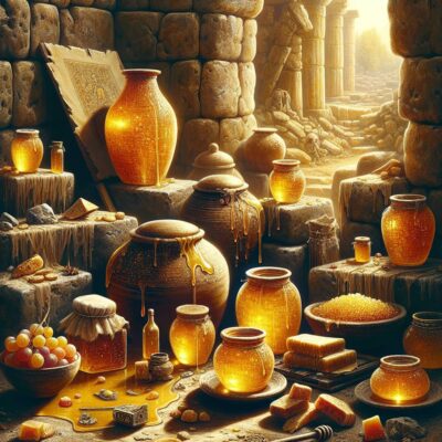Ancient jars filled with honey glowing in a dimly-lit stone chamber