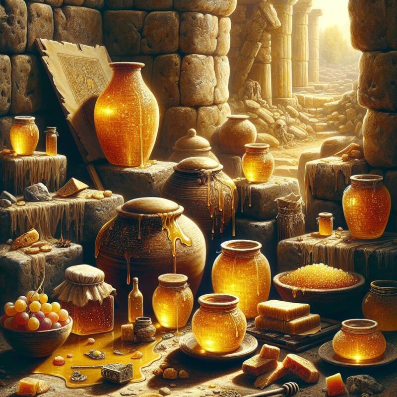 Ancient jars filled with honey glowing in a dimly-lit stone chamber