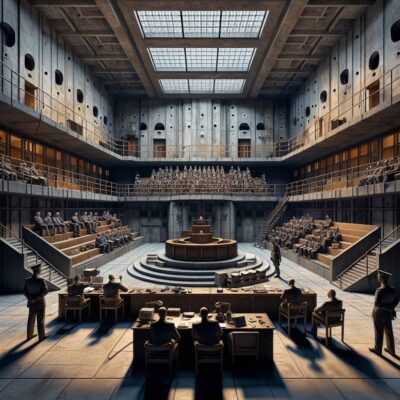 Interior view of a bunker-like courthouse in Italy, with multiple levels of seating and numerous individuals