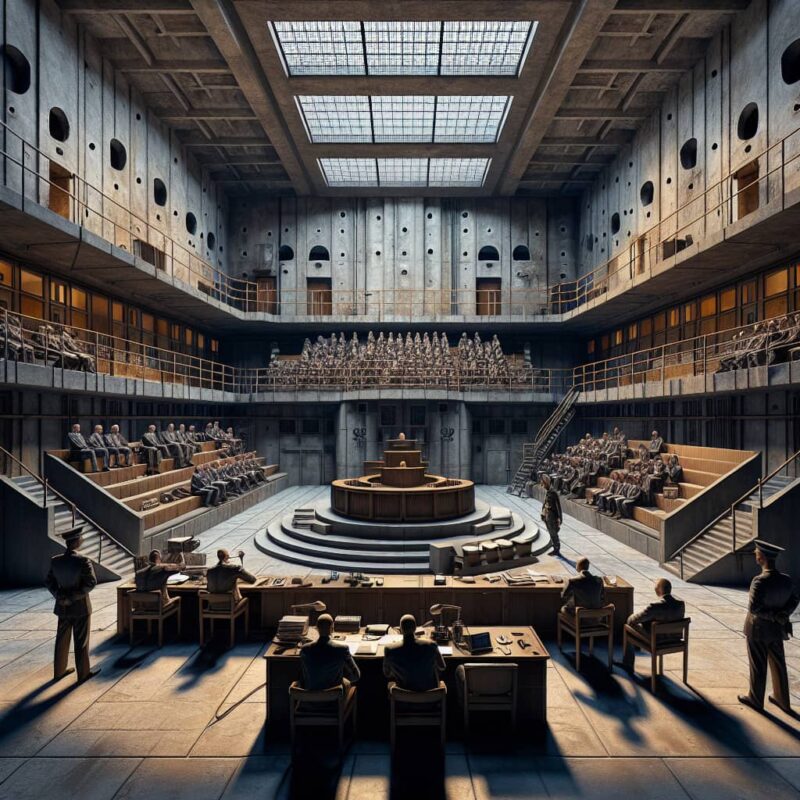 Interior view of a bunker-like courthouse in Italy, with multiple levels of seating and numerous individuals