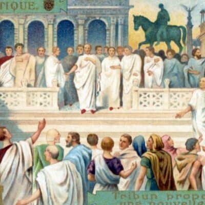 A group of individuals in ancient Roman attire is gathered in a forum-like setting