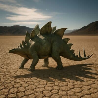 A stegosaurus standing in a desert landscape, showcasing its spiked tail or thagomizer and plated back