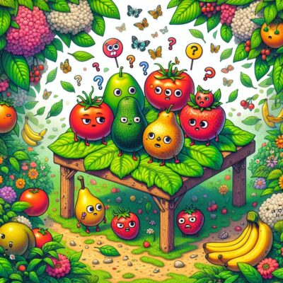 Cartoon fruits with expressive faces arranged on a table in a colorful garden setting