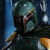 Boba Fett in his iconic green armor with helmet and jetpack