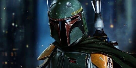 Boba Fett in his iconic green armor with helmet and jetpack