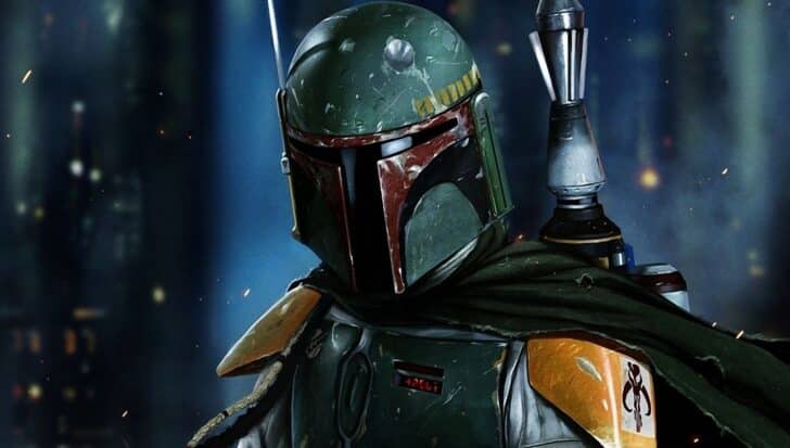 Boba Fett in his iconic green armor with helmet and jetpack