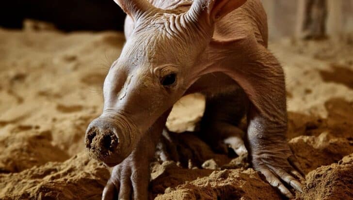 A baby aardvark on sandy ground, highlighting its wrinkled skin and distinctive snout