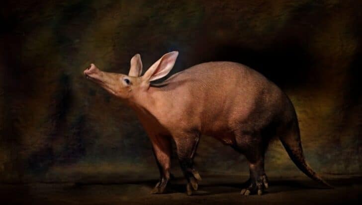 An aardvark standing against a dimly lit background, showcasing its long ears and snout