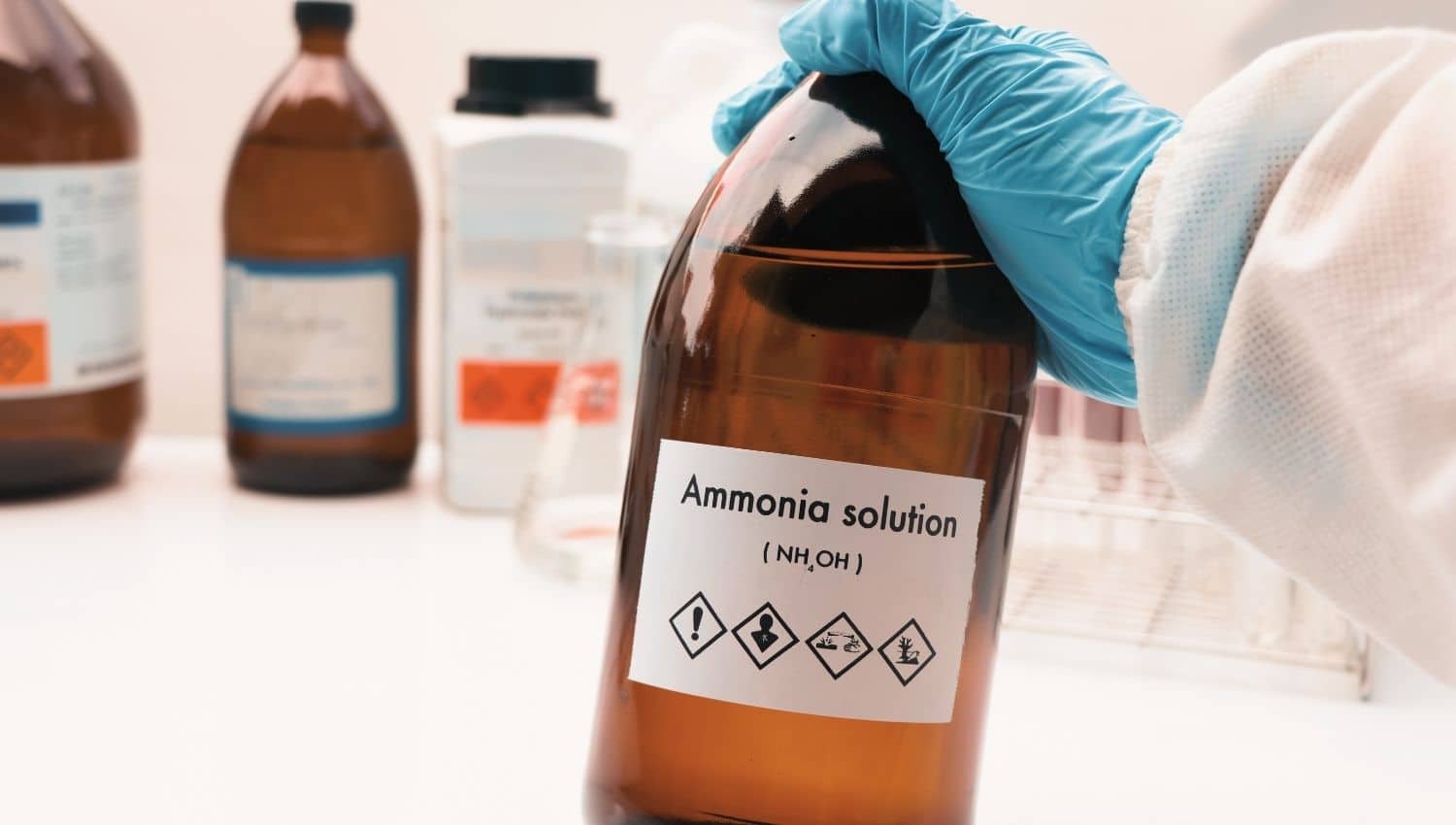 Gloved hand holding a bottle labeled ammonia solution with chemical warning symbols, surrounded by other laboratory bottles