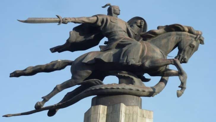 Statue of a warrior on horseback, holding a sword, symbolizing Kyrgyz legend