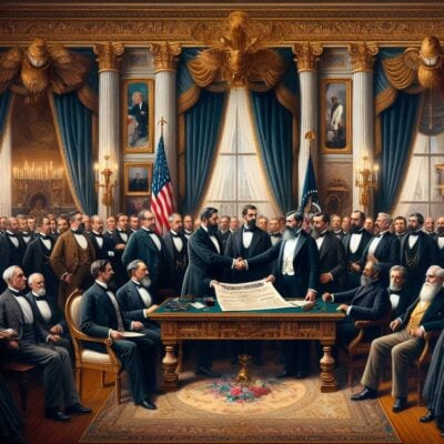 A historical scene with men in formal attire gathered in a grand room, featuring two men shaking hands over a document, with the United States flag in the background