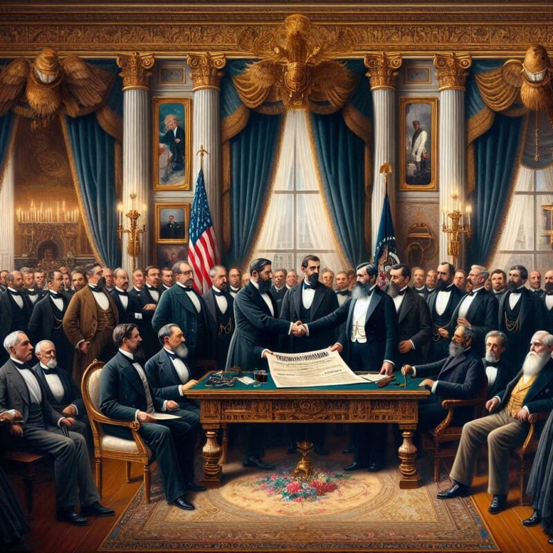 A historical scene with men in formal attire gathered in a grand room, featuring two men shaking hands over a document, with the United States flag in the background