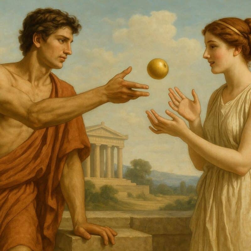 A man and a woman in ancient Greek attire, with the man extending an apple towards the woman